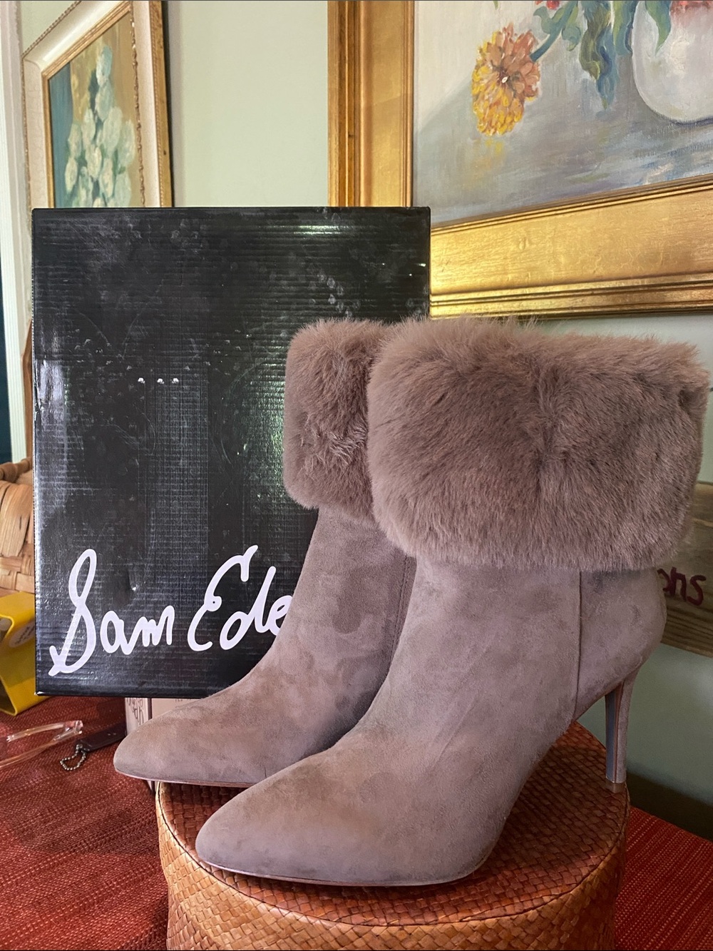 Sam Edelman Women’s Oleana Boot Flint Grey Suede with fur Cuff - Size 7.5M